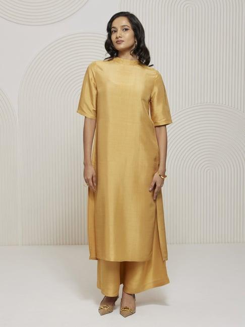 artagai gold earth elevated basics round neck kurta with back inverted box pleat detail and wide leg trouser