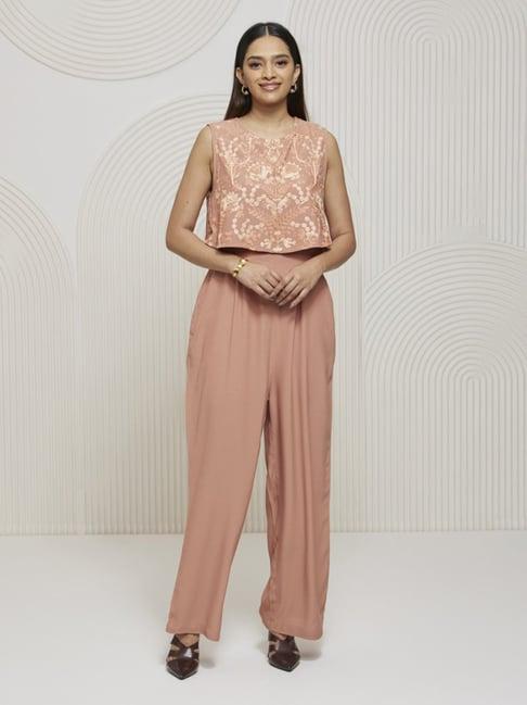 artagai salmon pink jumpsuit with kashida embroidery