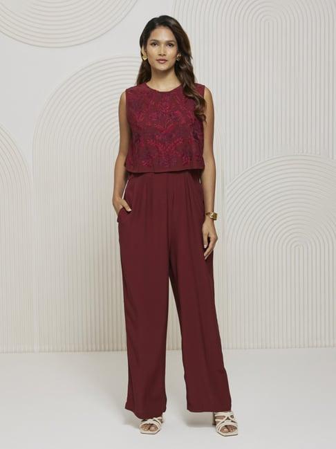 artagai tawny port jumpsuit with kashida embroidery