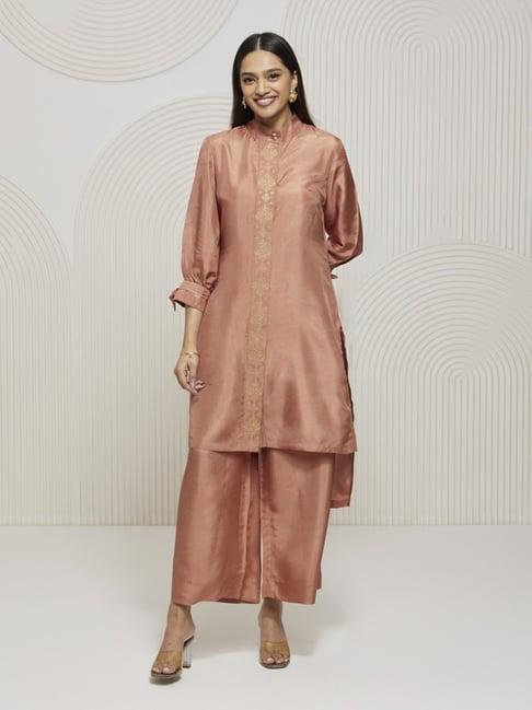 artagai salmon pink high low hem kurta with embroidered placket and wide leg pants