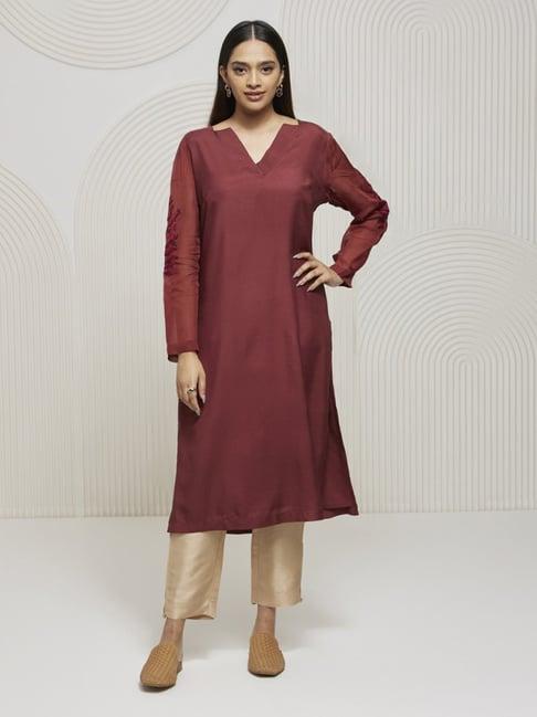 artagai tawny port v-neck kurta with kashida embroidery