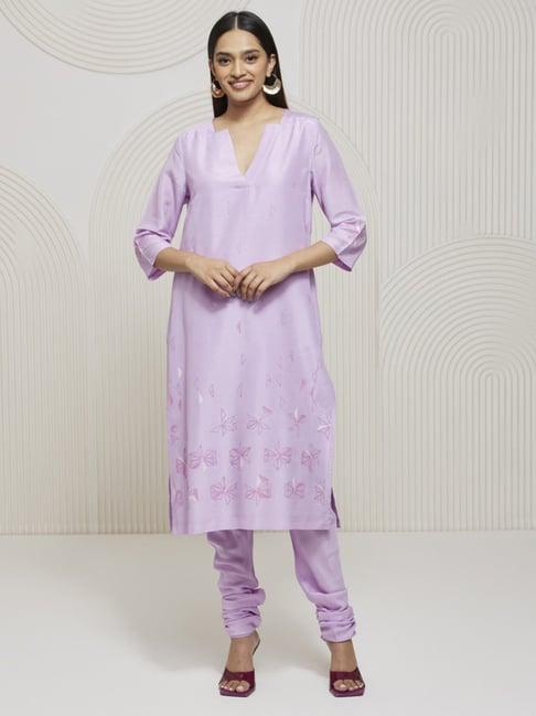 artagai lavender stylized v neck kurta with kantha embridery and chudidaar