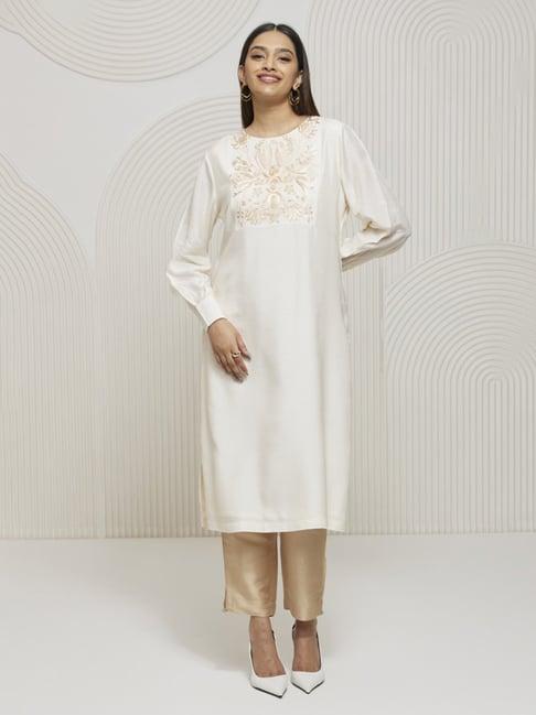 artagai snow white kurta with embroidered yoke