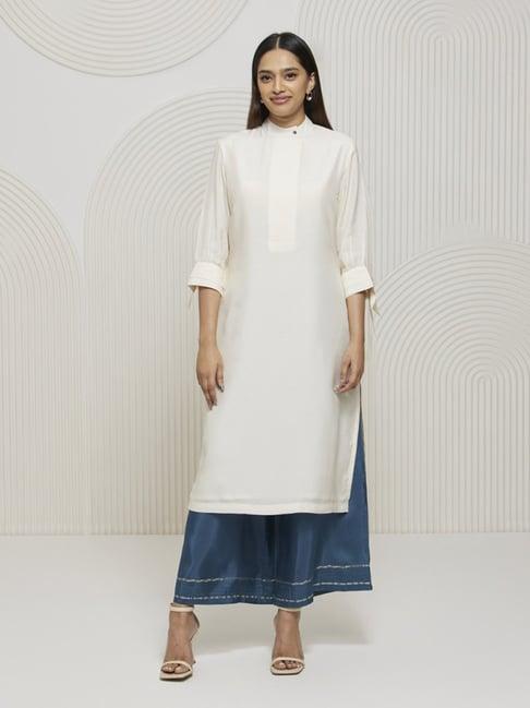 artagai snow white kurta with broad placket and tie up sleeves