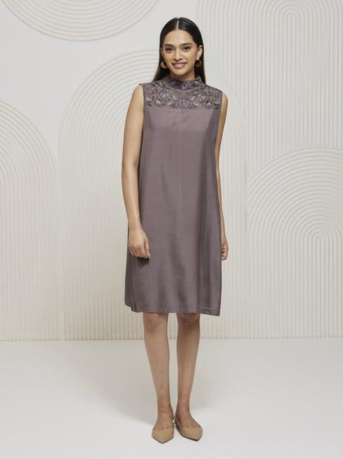 artagai granite grey pleated dress with kashida embroidered yoke