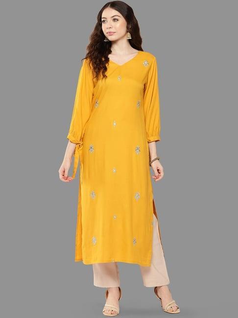 janasya mustard embroidered straight kurta