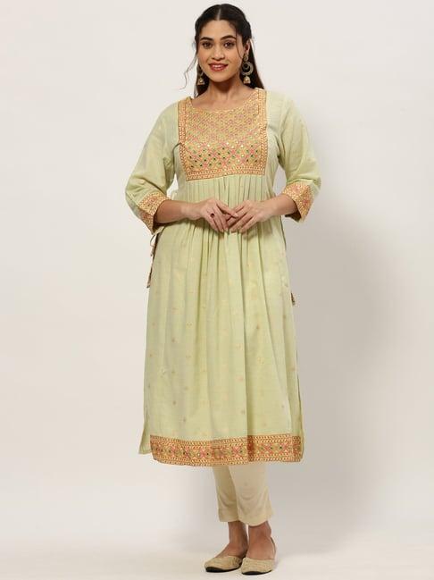 showoff sea green cotton embroidered kurta