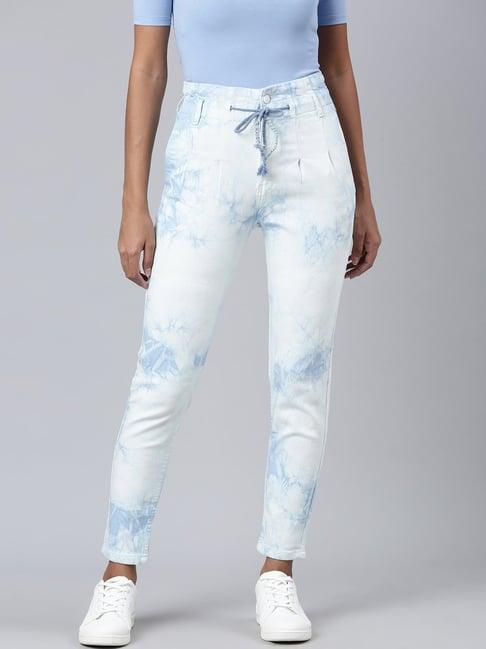 showoff blue & white denim tie - dye mid rise jeans