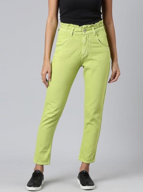 showoff lime green denim boyfriend fit mid rise jeans