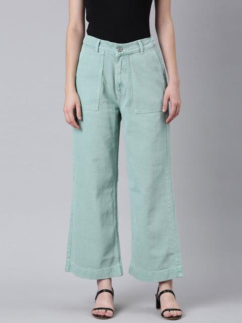 showoff sea green denim relaxed fit mid rise jeans