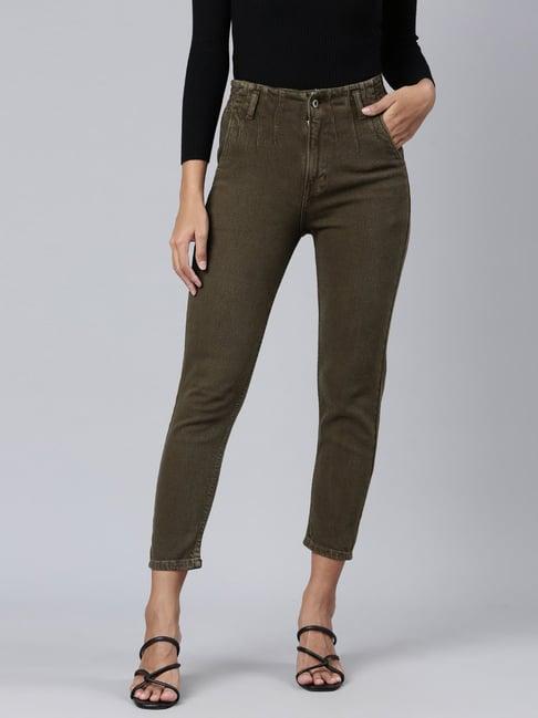 showoff olive denim boyfriend fit mid rise jeans