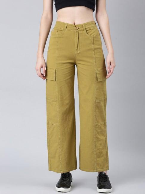 showoff khaki cotton relaxed fit mid rise cargo jeans