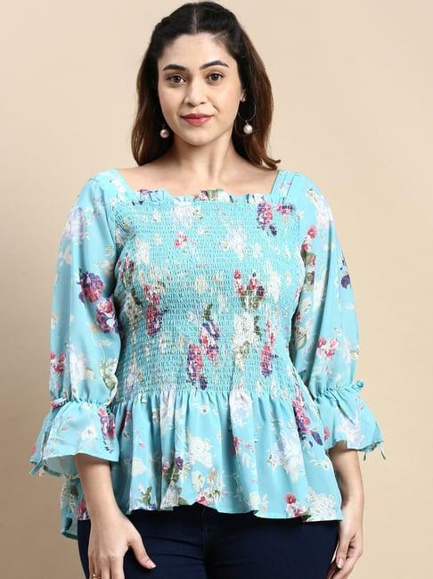 showoff sky blue floral print top