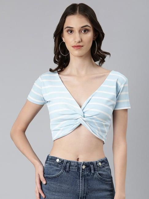 showoff sky blue cotton striped crop top