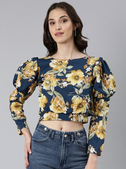 showoff teal floral print crop top