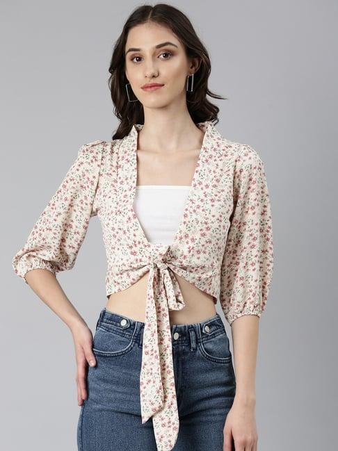 showoff cream floral print crop top