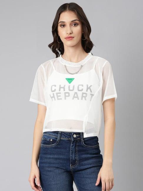 showoff off white cotton graphic print top with slip