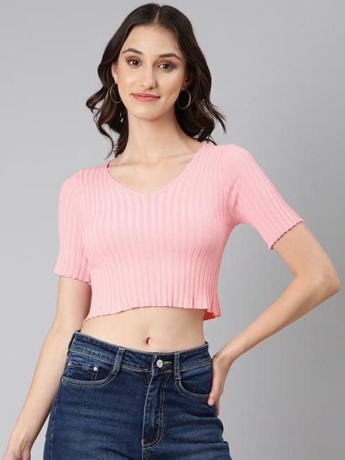 showoff pink cotton regular fit crop top