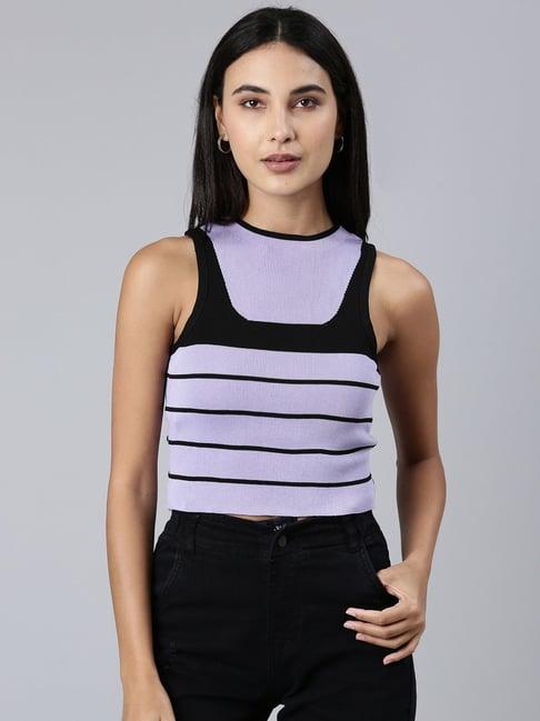 showoff lavender & black cotton striped crop top