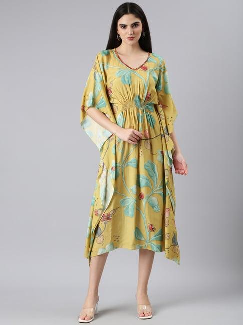 showoff yellow floral print kaftan dress