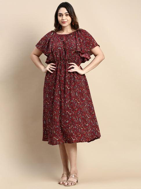 showoff maroon floral print fit & flare dress