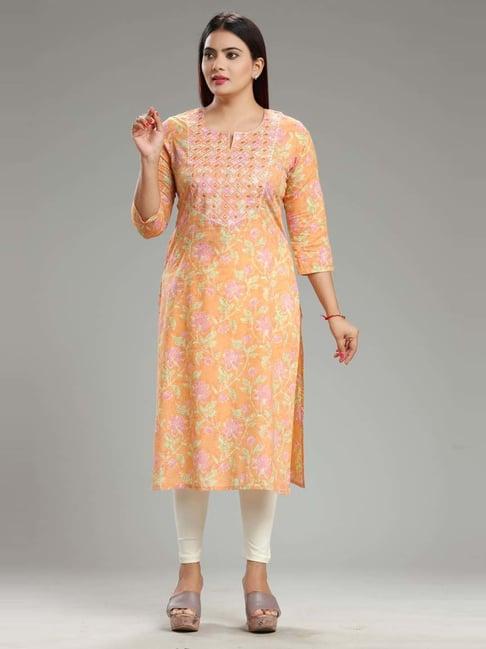 cotton culture orange cotton embroidered straight kurta