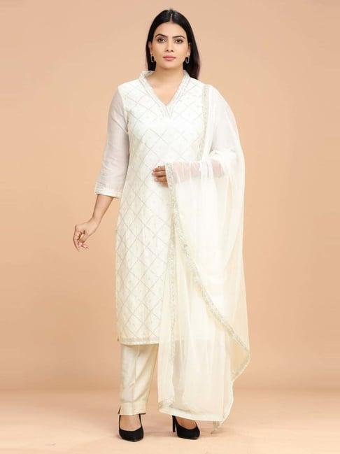 cotton culture cream embroidered kurta pant set with dupatta