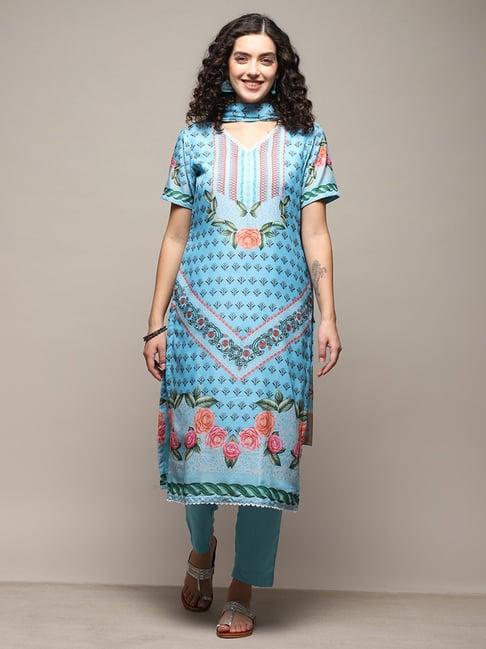 biba blue floral print unstitched dress material