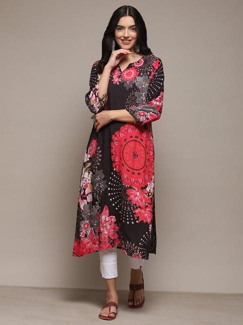 biba black floral print straight kurta