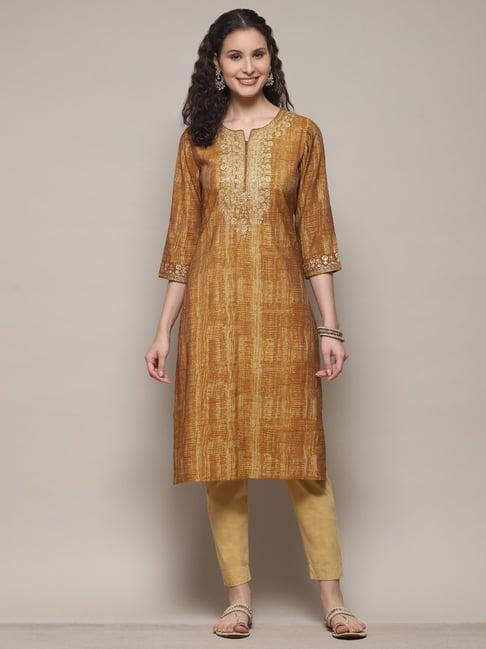 biba golden embroidered straight kurta