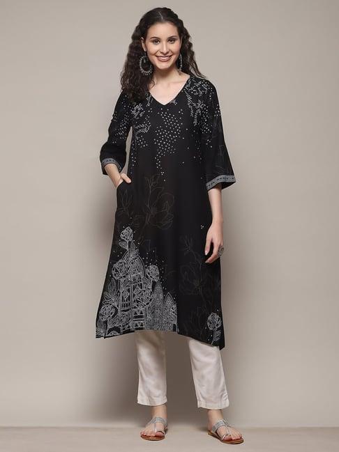 biba black floral print straight kurta