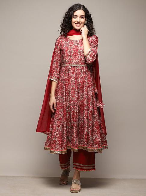 biba red printed kurta pant set with dupatta