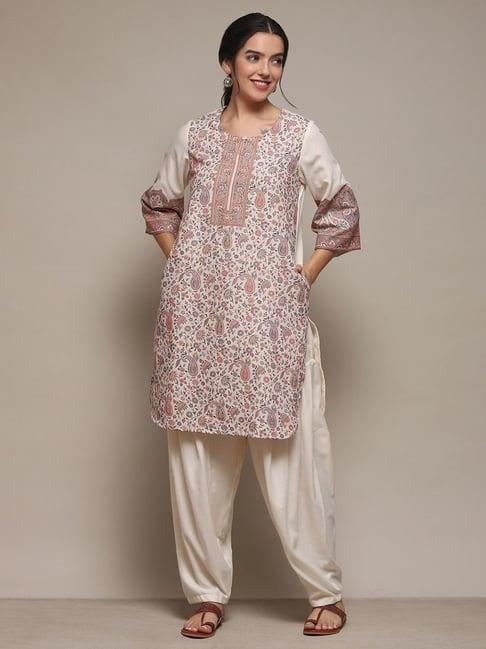 biba off-white cotton printed kurti pant set