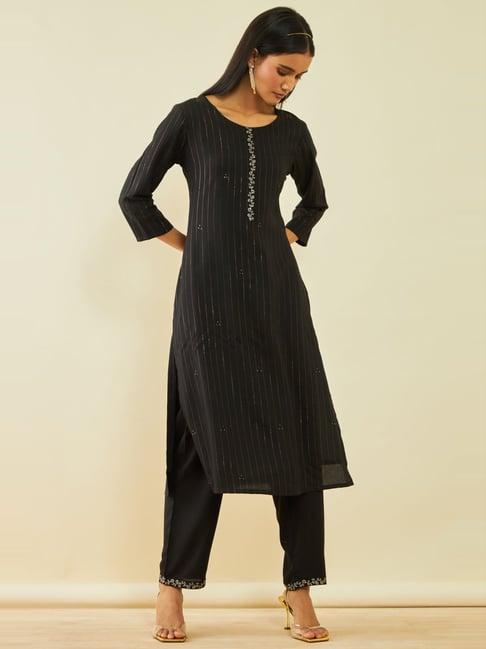 soch black rayon mukaish work round-neck straight kurta set with pocket