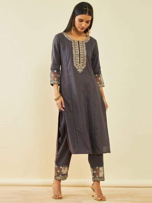 soch grey rayon embroidered round-neck straight kurta set