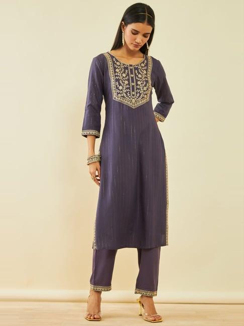 soch purple rayon floral embroidered round-neck straight kurta set