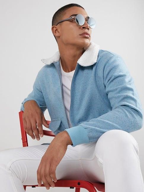 campus sutra light blue cotton regular fit jacket