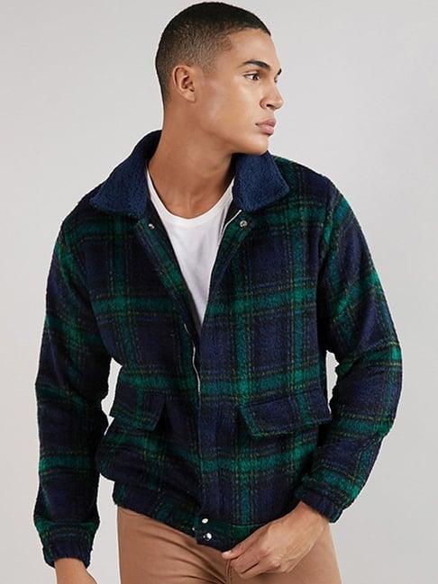 campus sutra navy & green cotton regular fit checks jacket