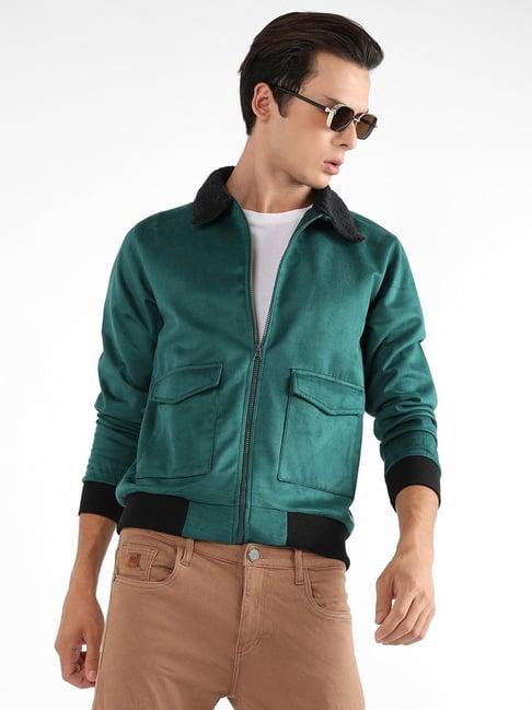 campus sutra forest green cotton regular fit jacket