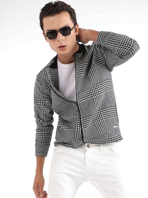 campus sutra black & white cotton regular fit checks jacket