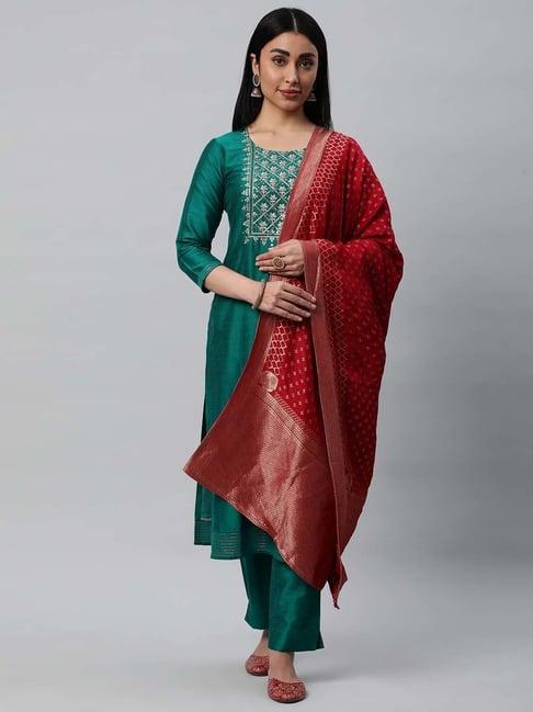 kami kubi green embroidered unstitched dress material