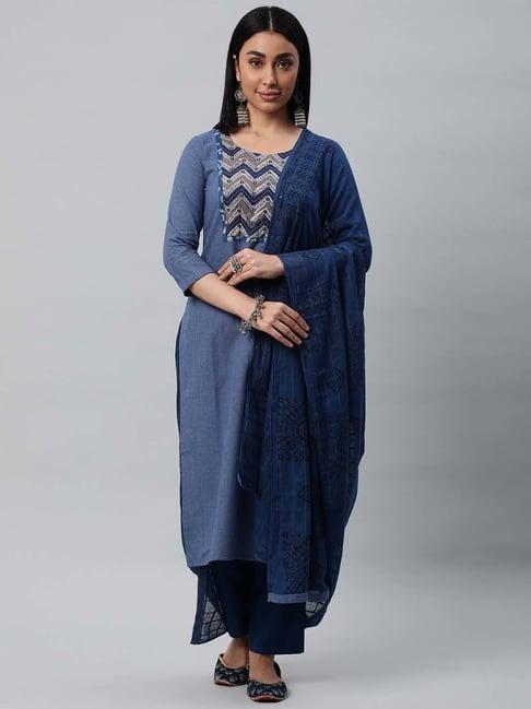 kami kubi blue embroidered unstitched dress material