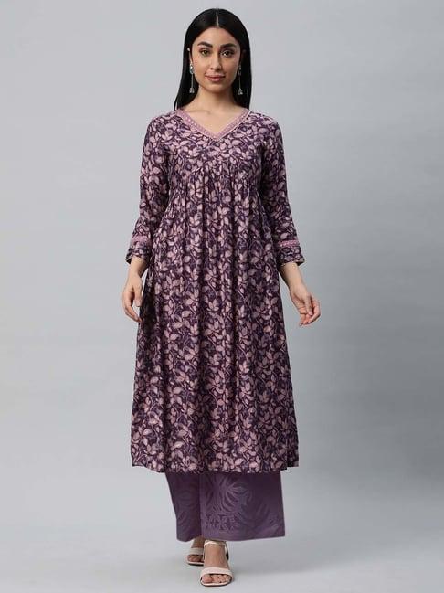 kami kubi purple floral print a line kurta