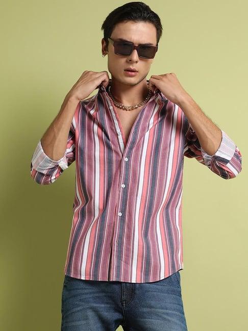 campus sutra pink & grey regular fit striped shirt