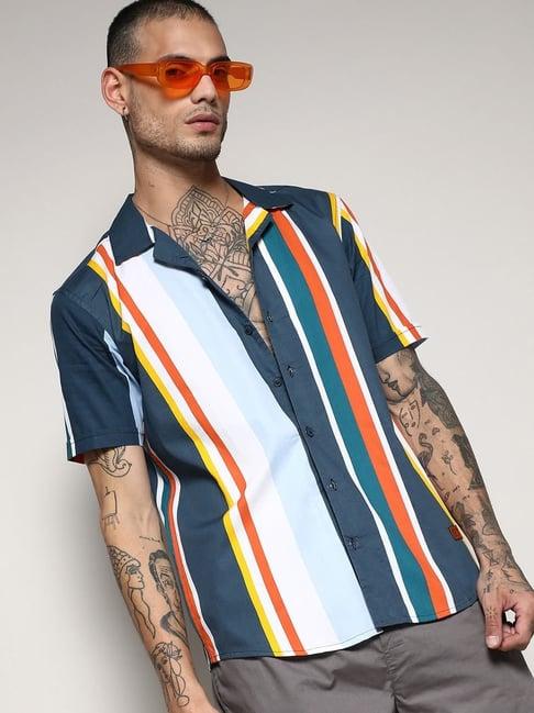 campus sutra multicolored cotton regular fit striped shirt