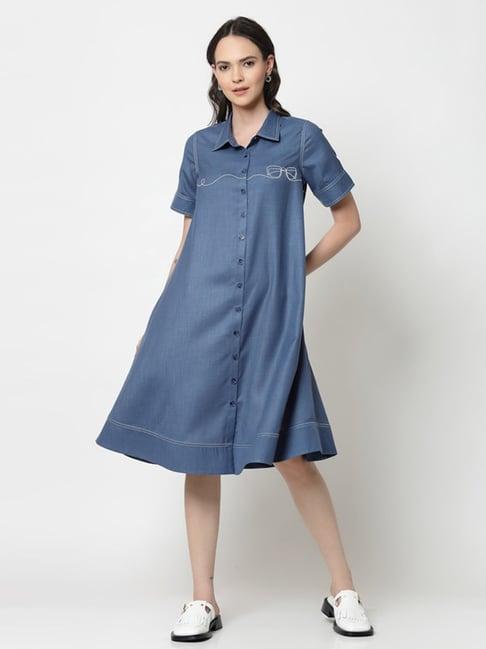 office & you dark blue embroidered shirt dress