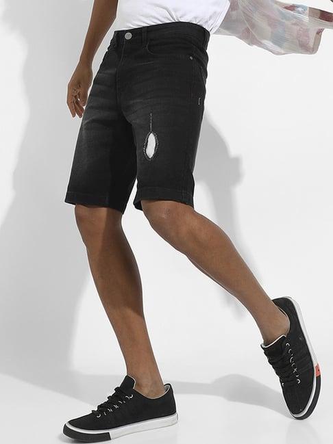 campus sutra black regular fit distressed denim shorts