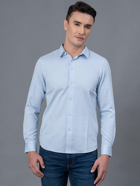 red tape sky blue regular fit textured cotton shirt