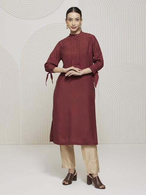 artagai tawny port elevated basics kurta with broad placket and tie up sleeves