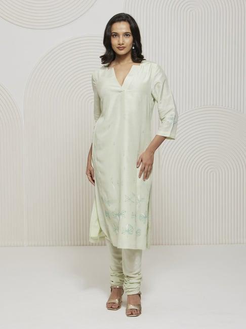 artagai cucumber kantha stylized v neck kurta with kantha embridery and chudidaar